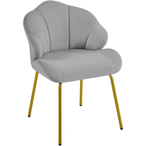 Image of Yaheetech Velvet Armchair, Accent Tub Chair with Metal Legs, Cute Vanity Chair with Shell Shaped Backrest for Living Room/Bedroom/Dressing Table/Office, Light Gray
