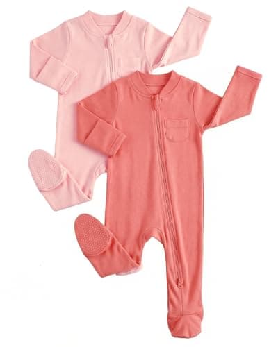 Image of JiAmy Baby Grows Sleepsuits 2 Pack, Tiny Baby 100% Cotton Two-Way Zip Long Sleeve Footed Pajamas with Mitten Cuffs Pink 6-9 Months