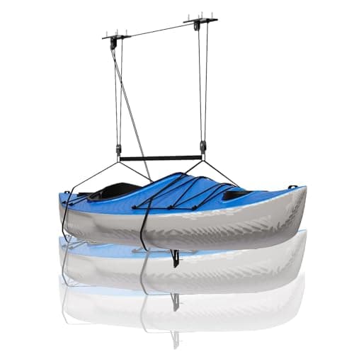 Image of Kayak Storage Hoist Cargo Box Garage Pulley System, Heavy Duty Ceiling Hoist for Roof Box Storage, Holds Up to 150 Lbs / 68 kg, Adjustable Straps, Dual Fixing Design, Overhead Garage Organiser