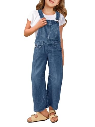 Image of Haloumoning Denim Jumpsuit Girls Jeans Dungarees Kids Sleeveless Long Trousers Jumpsuit Casual Loose Fit Romper with Pockets, blue, 11-12 Years