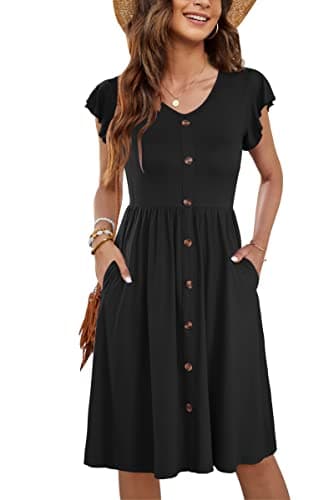 Image of MOLERANI Black Women Summer Dresses Ruffle Sleeve V Neck Casual Swing Elastic Waist Midi Dress with Pockets Solid Black L