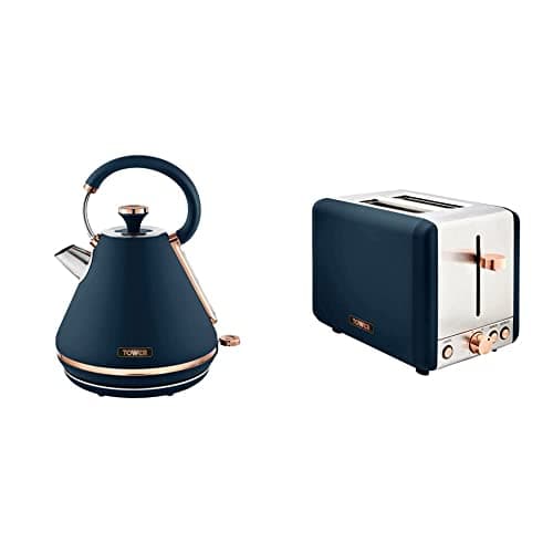 Image of Tower T10044MNB Cavaletto Pyramid Kettle with Fast Boil, Detachable Filter, 1.7 Litre & T20036MNB Cavaletto 2-Slice Toaster with Defrost/Reheat, Stainless Steel, 850W, Midnight Blue and Rose Gold