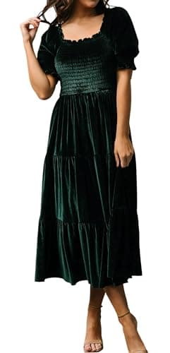 Image of R.Vivimos Autumn Winter Velvet Dress for Women Square Neck Puff Sleeve Midi Dress Ruched Smock A Line Flowy Ruffle Long Dress(Large,DarkGreen)
