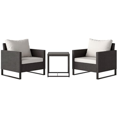 Image of Outsunny 3 Pieces Rattan Bistro Set with 4 Cushions, Wicker Garden Furniture Set, Glass Top Coffee Table and Chairs for Outdoor Patio, Balcony, Terrace and Conservatory, Brown