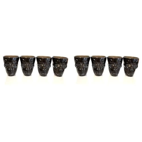 Image of SHATCHI Set of 4 Halloween Black Shot Glasses with Spooky 3D Skull Shape Party Tableware Drink Accessories, 4 Count (Pack of 2)