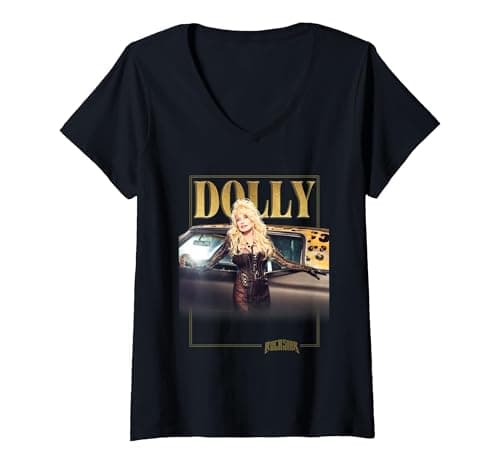 Image of Women's Dolly Parton Rockstar Gold V-Neck T-Shirt, Black, Large