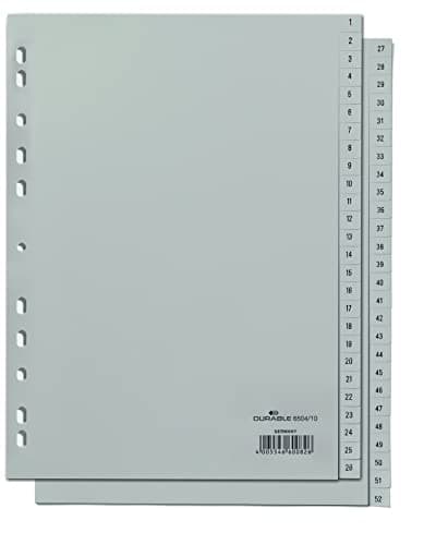 Image of Durable 1-52 Polypropylene Index Dividers | A4 Portrait Full Covering | Pack of 1 Dividers | Grey | Made in Germany