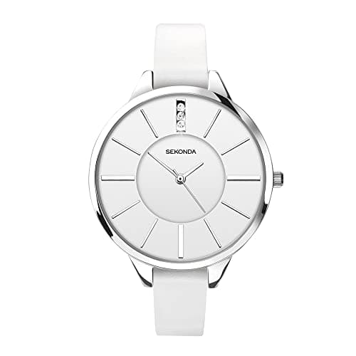 Image of Sekonda Ada Womens Watch – Quartz 39mm Ladies Watch with Stone Set Sunray Dial, Silver-Tone Case and White Leather Strap – 2 Year Warranty