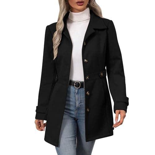 Image of Summer Jackets For Women Uk Womens Lightweight Jackets Turn Down Collar Autumn Clothing Outdoor Walking Black Solid Color Casual Wool Trench Coat Button Thick Warm Woolen Ladies Winter Coat