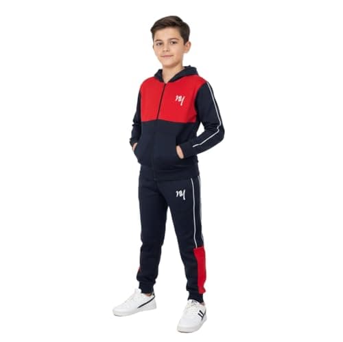 Image of SKT Boys Tracksuit Hooded Hoodie Bottom Jogging Suit Joggers Kids Age 7-13 Years (Navy/Red, 11-12 Years)