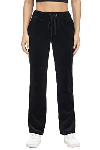 Image of COZZIPLUS Women Velour Pant,Soft Velvet Sweatpant for Women, Straight Leg High Waist Velour Lounge Pant with Pockets, Black, Large