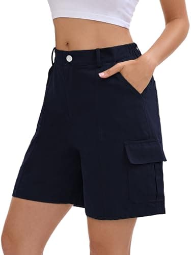Image of FDKLOOK Womens Casual Shorts Summer Wide Leg Elastic Waist Baggy Y2k Hot Shorts with Cargo Pockets Blue S