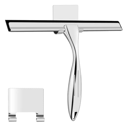 Image of Shower Squeegee, 10 Inch Stainless Steel Window Squeegee Cleaner for Shower Glass Door with Hook, Shower Wiper Screen for Bathroom, Window,Mirror and Car Glass