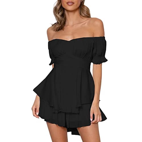 Image of L&ieserram Women's Loose Short Jumpsuit Solid Color Lantern Short Sleeve Off-shoulder Ruched Ruffled Playsuit (Black, M)