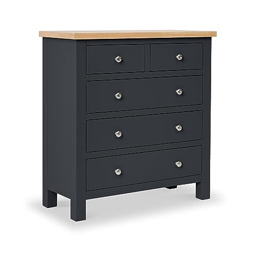 Image of RoselandFurniture Farro Charcoal Grey 2 Over 3 Chest of Drawers for Bedroom Tall Contemporary Painted Solid Wood with Oak Top Storage Chest of 5 Draws, Ready Assembled