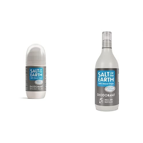 Image of Salt Of the Earth Natural Deodorant Roll-on Refill, Vetiver & Citrus, Fragrance Free - Vegan, Long Lasting Protection, Leaping Bunny Approved, Made in the UK, 525 ml & refillable roll on 75ml