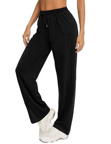 Image of Litherday Joggers for Women Straight Leg High Waist Cotton Sweatpants with Pockets Elasticated Waist Drawstring Casual Sports Gym Yoga Lounge Pants (Black, L)