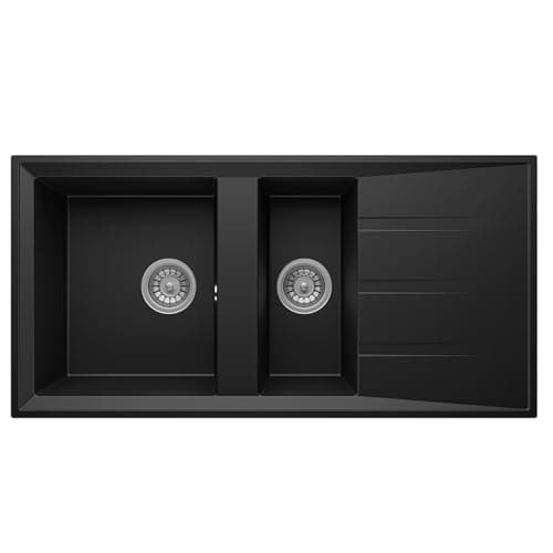 Image of Liquida SEN150BL 1.5 Bowl Black Granite Reversible Kitchen Sink with Wastes