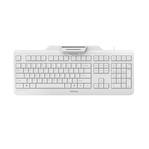 Image of CHERRY KC 1000 SC, Wired Security Keyboard with Integrated Card Reader, EU Layout (QWERTY), Plug & Play (USB-A), Flat Design, White-Grey