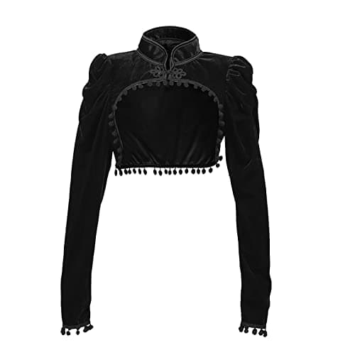 Image of Women's Long Sleeve Velvet Shrug Bolero Cardigan Open Front Cardigans Cropped Shawl Wraps for Wedding Dresses Qipao Black