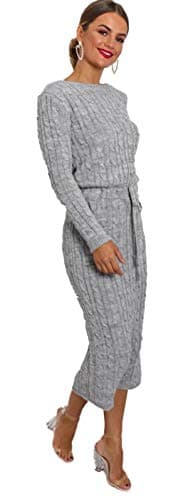 Image of Crazy Girls Womens Cable Knit Belted Midi Dress, Grey, SM (UK 8-10)