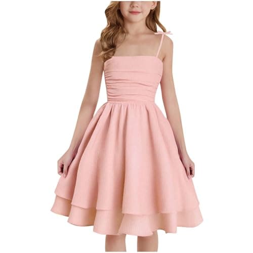 Image of duxyoz Girl's Summer Dresses Spaghetti Strap Swing Pleated Cotton Dress Tween Kids Flowy Front Ruched Boho Beach Casual Midi Sundress for Princess Birthday Party Wedding Prom Gown Pink 11-12 Years