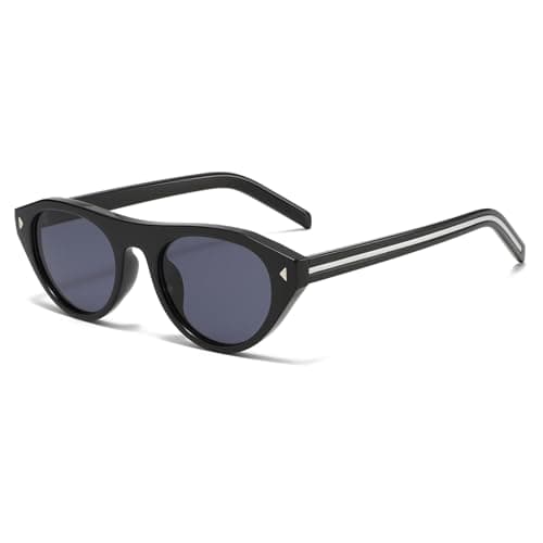 Image of Long Keeper Oval Cat Eye Sunglasses for Women Ladies Trendy Small Round Sunglasses Retro Vintage Cateye Shades with UV Protection for Travel Driving Daily (Black Frame - Dark Grey Lens)