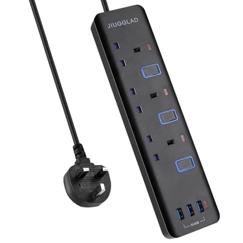 Image of Extension Lead with USB Slots(3 USB), 1.8M Extension Cable, 3 Way Plug Extension Socket with Individual Switches, Wall Mount Extension Cord for Home, Office