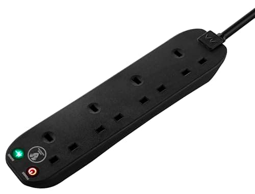 Image of Masterplug Four Socket Extension Lead, 2 Metre Cable, Surge Protection, Power and Surge LED Indicators, Unswitched, 4-Way Plug Extension Cable, Power Strip, Black, 13A, 4G, 2m, SRG4210NB