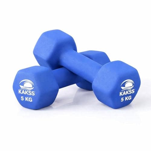 Image of KAKSS Neoprene Dumbbells Set, 5kg Pair (2 x 5kg) Blue Hex Dumbbells 5kg with Non-Slip Coated Grip, Washable Hand Weights Set Gym Weights for Home Gym Equipment and Exercise