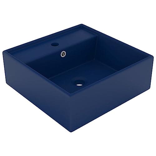 Image of vidaXL Ceramic Basin Overflow Matt Dark Blue, 41 x 41 cm Square - Premium Quality Above Counter or Wall Mounted, Bathroom/Kitchen Sink with Faucet Hole