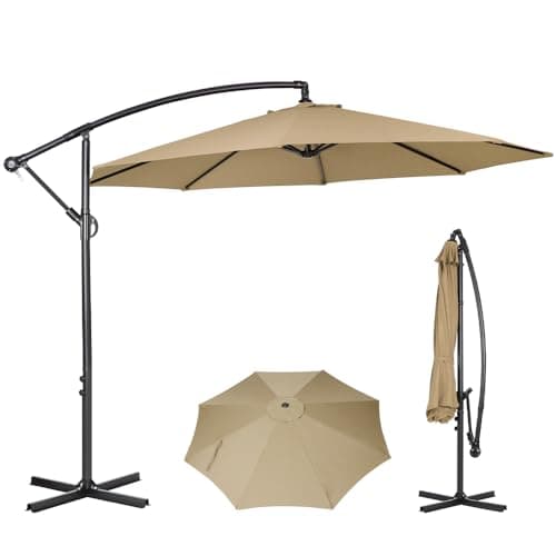 Image of Panana 3M Cantilever Garden Parasol, Outdoor Banana Hanging Umbrella with Crank Handle and Tilt, UV Protection Sun Shade Canopy Offset Parasol for Poolside, Deck, Patio and Balcony (Khaki)
