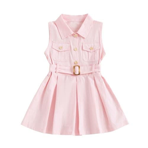 Image of Himllauen Toddler Girl Summer Dress Kids Solid Color A Line Lapel Sleeveless Pocket Casual Dress with Belt for Newborn Baby Girls (Pink, 12-18 Months)