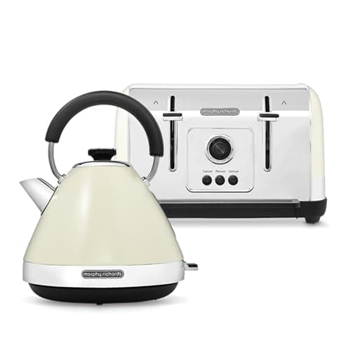 Image of Morphy Richards Venture Kettle and 4-Slice Toaster Set – 1.7L Pyramid Kettle with Fast Boil Function & 4-Slice Toaster, Variable Browning & Auto Pop-Up, Cream 100132 | 240132