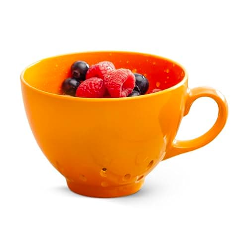 Image of Zeal Berry Colander Cup, Small Hand-held Cup Shape Melamine Strainer/Sieve, for Washing & Draining Fruits, and Berries (10cm) - Neon Orange