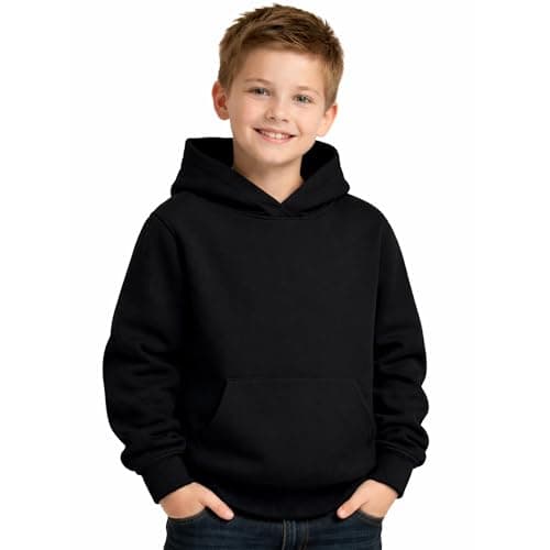 Image of Active Star Kids Plain Pullover Hoodie, Boys Girls Casual Warm Fleece Lined Long Sleeve Hooded Sweatshirt 300 GSM School PE Jumper Hooded Top For Children Age 7-14 Years, (Black - 13-14 Years)