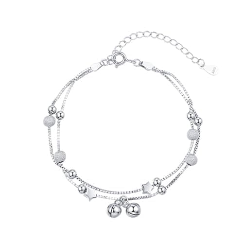 Image of crayfomo Silver Plated Copper Double Chain Bracelets Dainty Star & Bell Charm Adjustable Bracelet Double Layer Adjustable Bracelet for Women