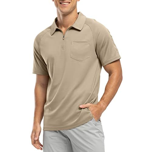 Image of Rdruko Work Polo Shirts for Men 1/4 Zip Neck Summer Hiking T Shirts Short Sleeve Smart Casual Golf Tennis Tops with Pocket Khaki L