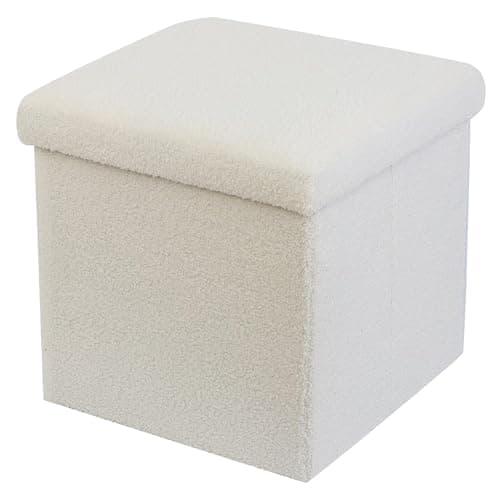 Image of DANIEL JAMES Housewares Folding Ottoman Storage Cube – Compact Padded Footstool Storage Box Chest with Lid for Bedroom, Hallway, Living Room - Teddy Boucle: White