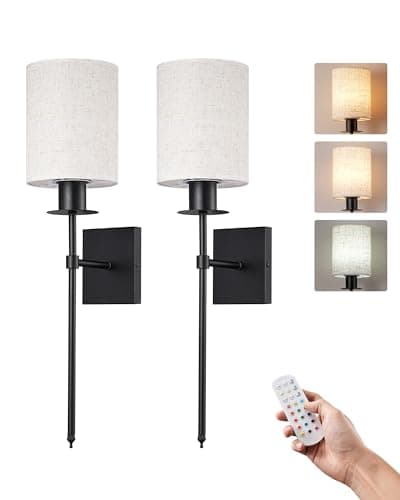 Image of EDISHINE Wireless Wall Sconces Set of 2, Rechargeable LED Wall Lamp, Dimmable Wall Light Not Hardwired Fixture, USB Charging Bulbs with Remote, Modern Linen Lampshade Wall Light for Bedroom Hallway