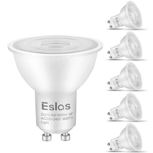 Image of Eslas Gu10 LED Bulbs Warm White 3000K 6W 600Lm, 60 Watts Equivalent Energy Saving Bulbs, 38 Degree Beam Angle Spot Lights for Ceiling, Non-Dimmable, 6 Pack