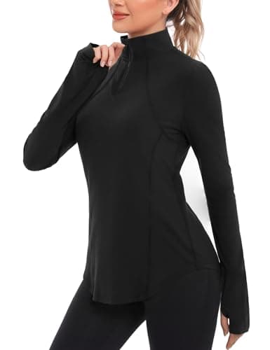 Image of Crewhpo Womens Long Sleeve Tops 1/4 Zip Running T-Shirt Lightweight Polo Shirts UPF 50+ Activewear with Thumb Holes Sports Hiking Gym Tops Black