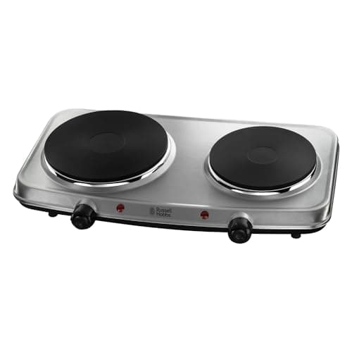 Image of Russell Hobbs Double Hot Plate Electric Stainless Steel Hob, 2 Cast Iron Plates, Large 1500W, Small 750W, Portable, Table top, Variable & Individual Temp Control, Easy to Clean, 15199