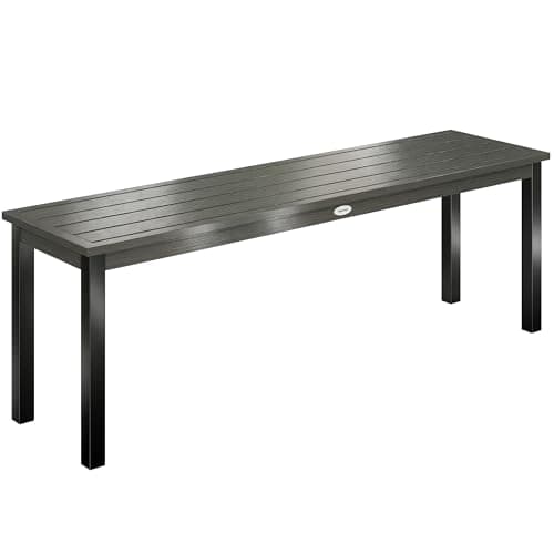 Image of Outsunny Metal Garden Bench, 2-Seater Outdoor Bench with Wood-Effect Slatted Seat, Backless Garden Loveseat for Patio, Porch, Park, Balcony, 240 KG Capacity, 130 x 34 x 43 cm, Grey