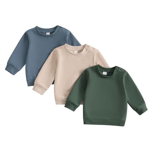 Image of Geagodelia Baby Toddler Boy Sweatshirts Spring Fall Long Sleeve Infant Boys Solid Color Pullover Tops Elastic Jumper Outfit Clothes 3PCS (Beige, 2-3 Years)