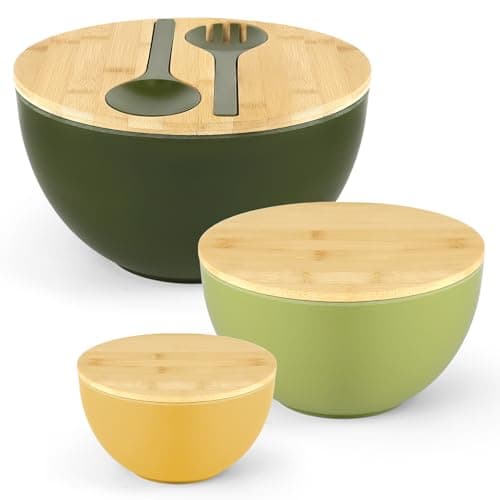 Image of 3 Set Large Salad Bowls with Bamboo Lids, Green Mixing Bowls Set with Servers, 4.4L & 2 L & 1L Kitchen Fruit Storage Container with Spoon & Fork for Preparing and Serving Pasta Popcorn Food Vegetable