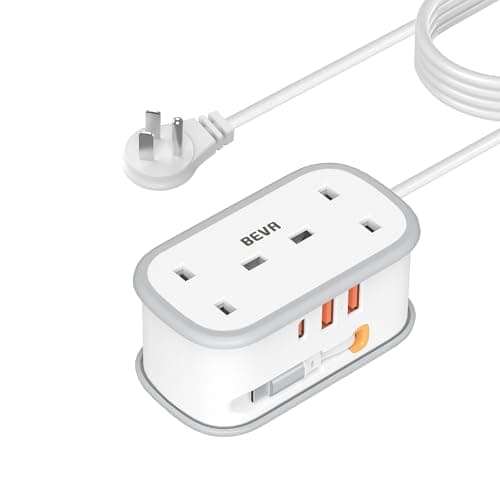 Image of UK to US Plug Adapter with 1.5M Extension Cable, BEVA 2 Way 3 USB (2A+1C) Travel Adapter with Retractable USB C Cable for American, Thailand, Canada, Mexico, Type B