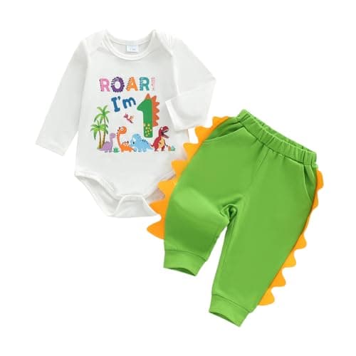 Image of MAHUAOYIXI Toddler Boys First Birthday Outfits Letters Dinosaur Printed Long Sleeve Romper Bodysuit Jumpsuit and Elastic Waist Long Pants 2Pcs Set Baby Boy 1st Birthday Clothes (White, 12-18 Months)