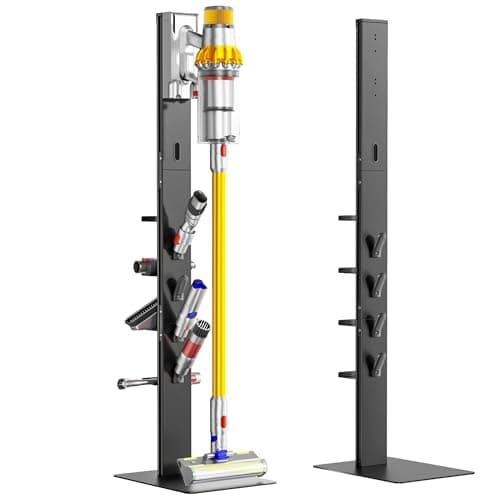 Image of PEGZONE Floor Vacuum Cleaner Stand with 4 Hooks and 4 Shelves, Compatible with Dyson Gen5 V15 V12 V11 V10 V8 V7 V6, Floor Cordless Vacuums Attachment Holder, Metal Storage Bracket Organizer, Black