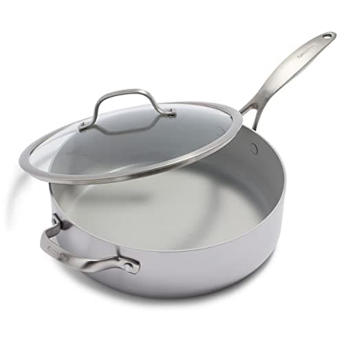 Image of GreenPan Venice Pro Tri-Ply Stainless Steel Healthy Ceramic Non-Stick 28cm/4.8 Litre Sauté Pan Jumbo Cooker, Helper Handle and Lid, PFAS Free, Multi Clad, Induction, Oven Safe, Silver